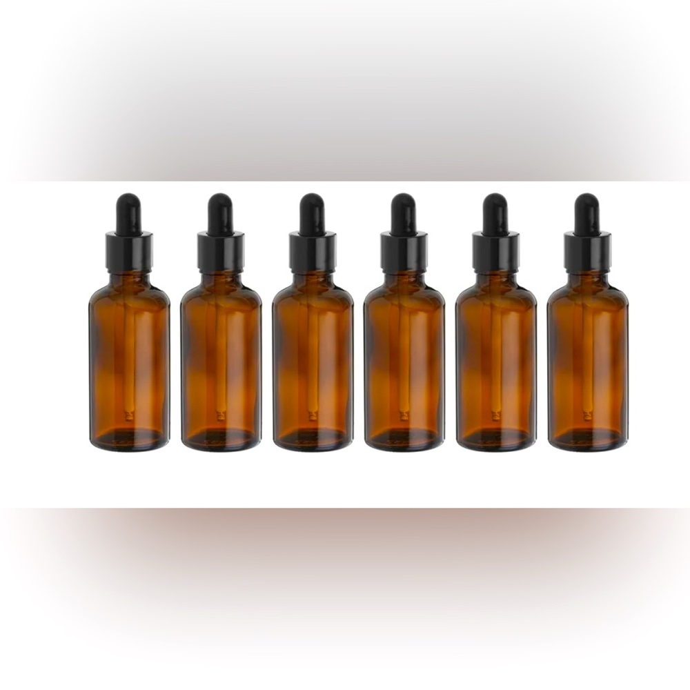 6 pack Amber Glass Bottles 1.69oz with black Eye Droppers, funnels & labels-NEW